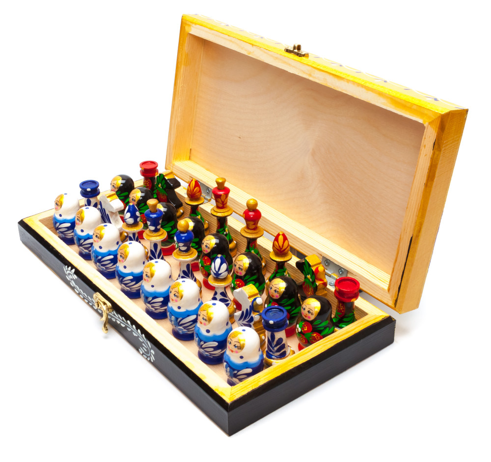 Khokhloma and Gzhel Hand Painted Chess Pieces on Wooden Chess Board