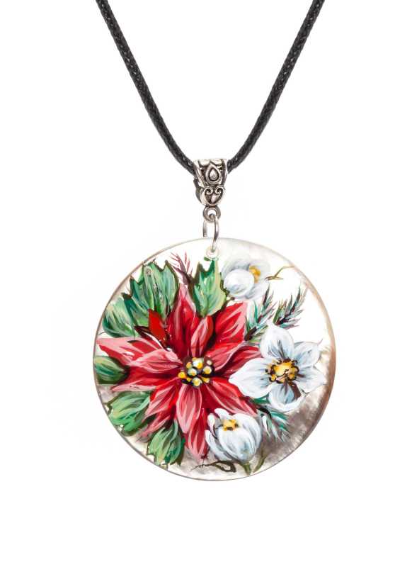 d50 mm Flowers hand painted Nacre Pendant (by Tatiana Shkatulka Crafts)