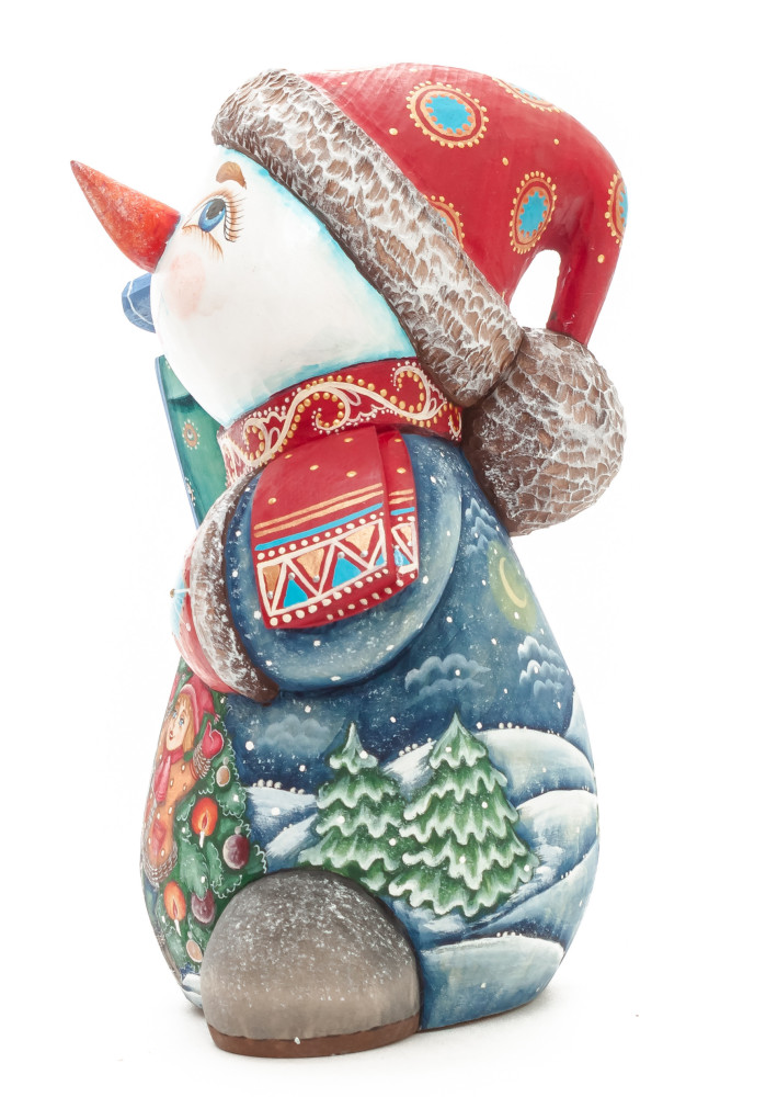 190 mm Snowman with hand painted Kids playing with a Toy Bear wooden figurine (by Sergey Christmas Workshop)