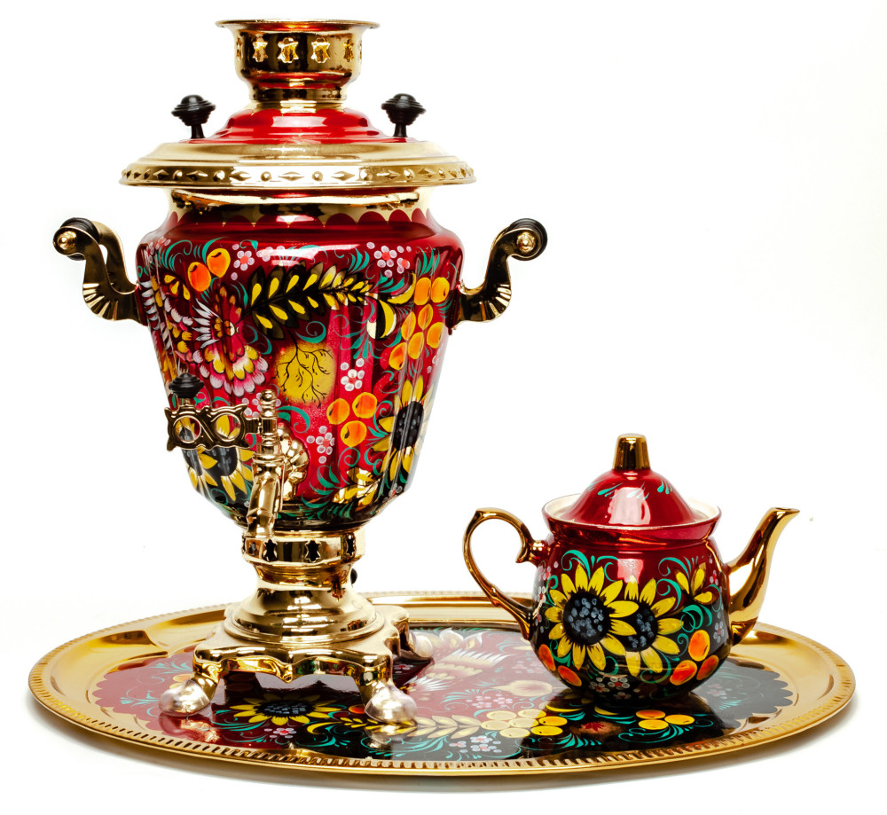 Firebird and Sunflower hand painted Electric Samovar Kettle with Teapot and Tray