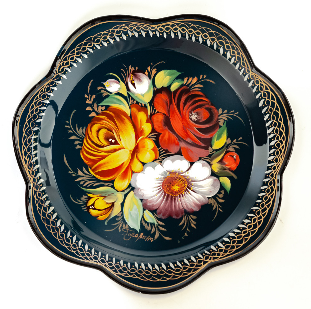 d 220 mm Zhostovo Patterns hand painted and lacquered by Golovina Metal Forged Blue Tray (by Lada Crafts)
