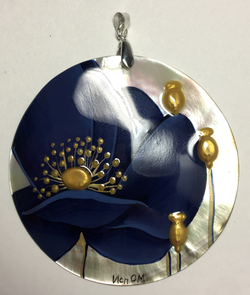 d60 mm Dark Blue Poppies hand painted Nacre Pendant (by Tatiana Shkatulka Crafts)