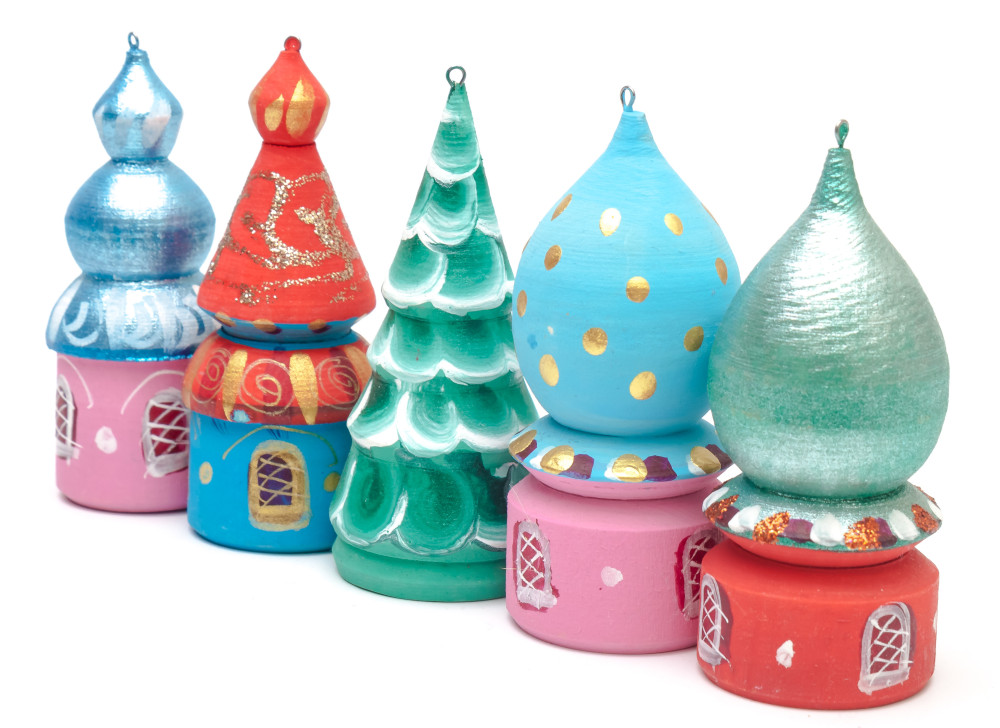 Russian Domes Hand Painted and Carved Christams Tree Wooden Ornaments set of 5 pcs (by Anatoly Christmas Crafts)