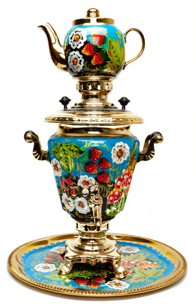 Mushrooms Hand Painted Electric Samovar Kettle with Teapot and Tray