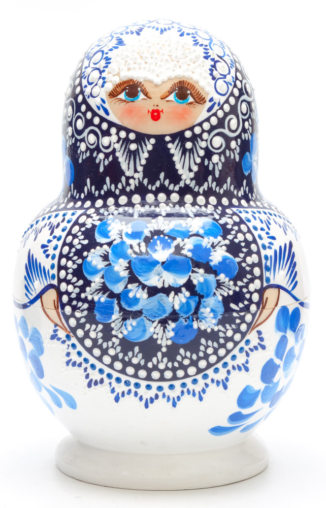 180 mm Gzhel patterns with bubbles hand painted wooden Matryoshka 15 pcs (by Valentina Studio)