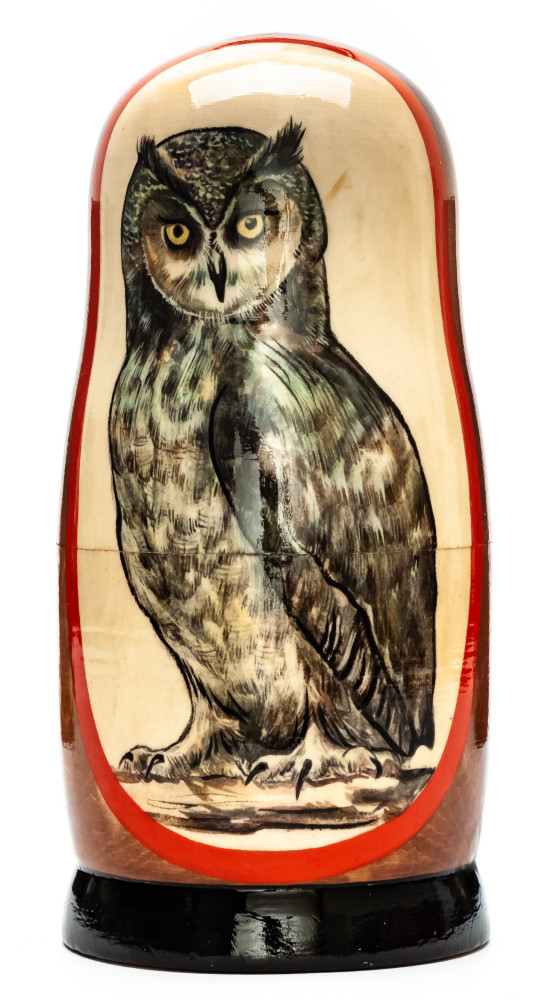 180mm Owl hand painted on wooden Matryoshka doll 5 pcs (by Alexander Famous Paintings Studio)