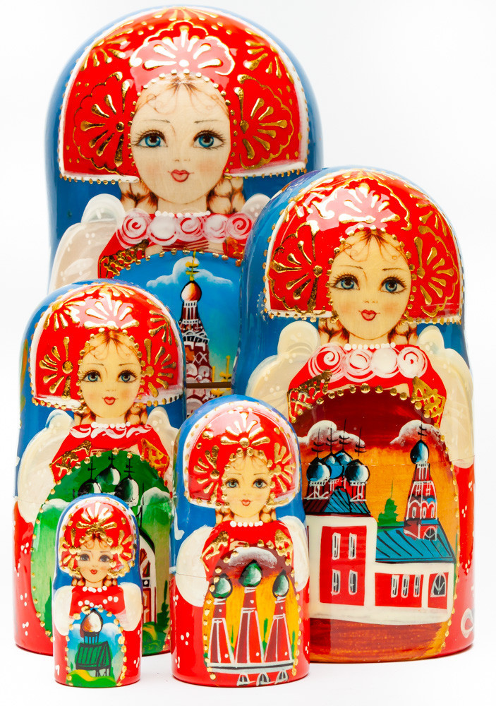 180 mm Saint Basil Cathedral handpainted Wooden Matryoshka Doll 5 pcs (by Sheherazade)