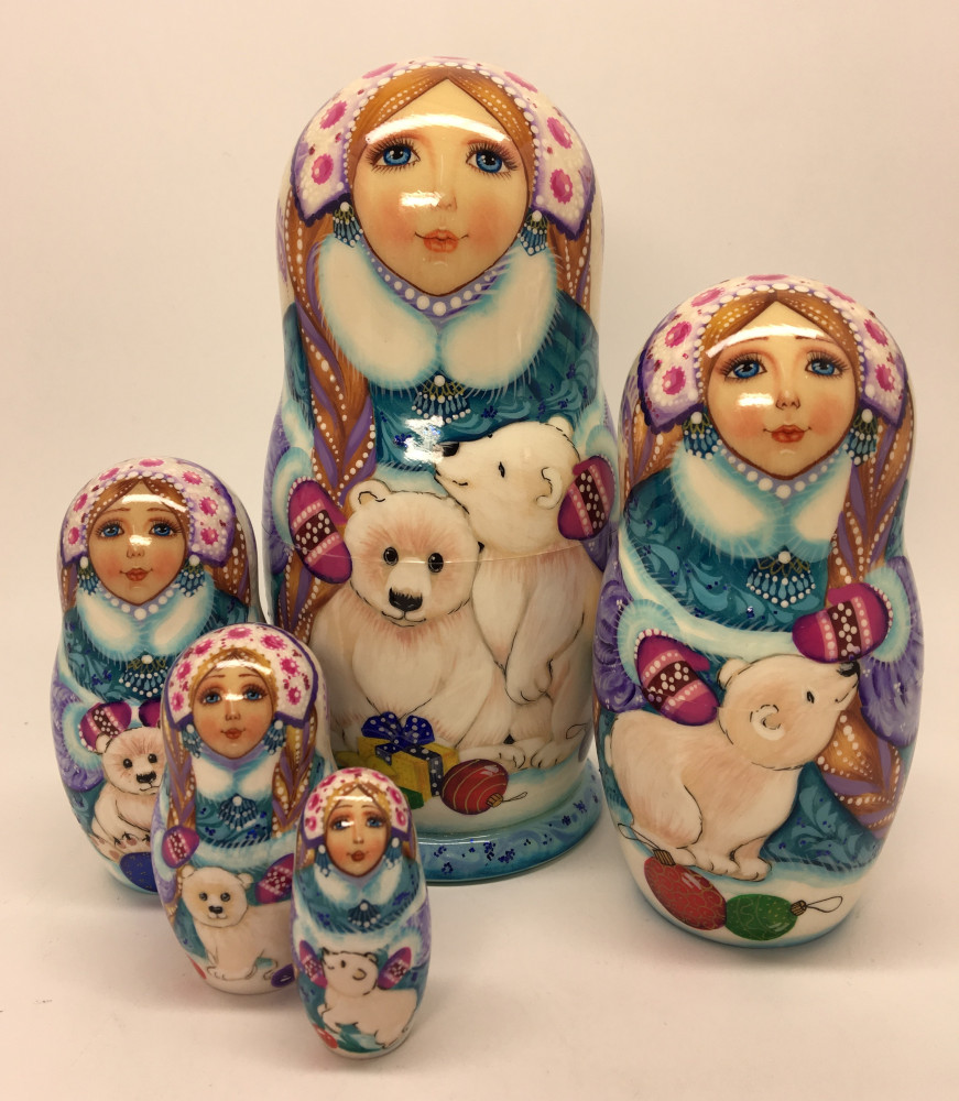 130 mm Snowmaiden Princess and Polar Bears hand painted wooden Matryoshka 5 pcs (by Vasily Crafts)