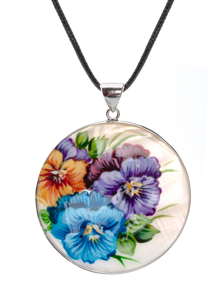 d50 mm Flowers hand painted Nacre Pendant (by Tatiana Shkatulka Crafts)