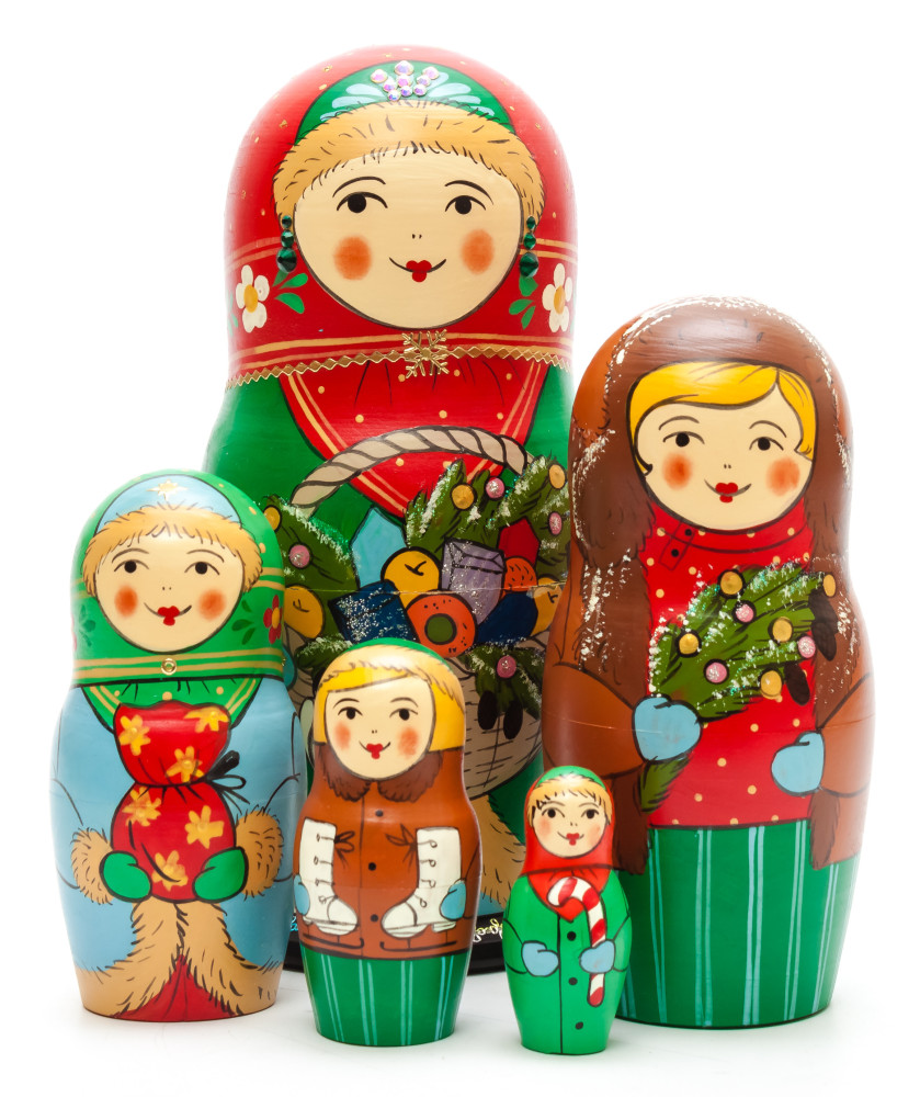 180 mm Maiden with a Basket full of Christmas Gifts hand painted on Wooden Matryoshka doll 5 pcs (by Sergey Malyutin) 