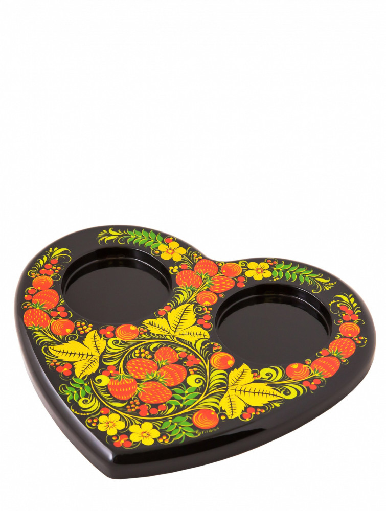 Two Glasses and a heart-shaped Tray hand painted Wooden Set of 3 pcs in Russian style (by Golden Khokhloma)