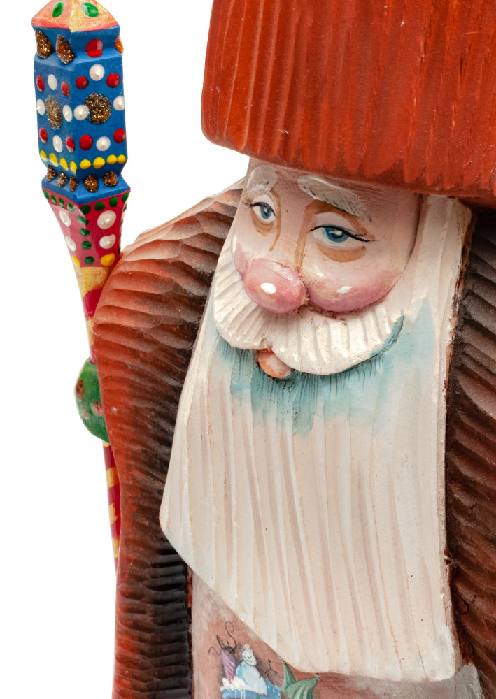 240 mm Santa with a Magic Staff Carved Wood Hand Painted Collectible Figurine (by Igor Carved Wooden Figures Studio)