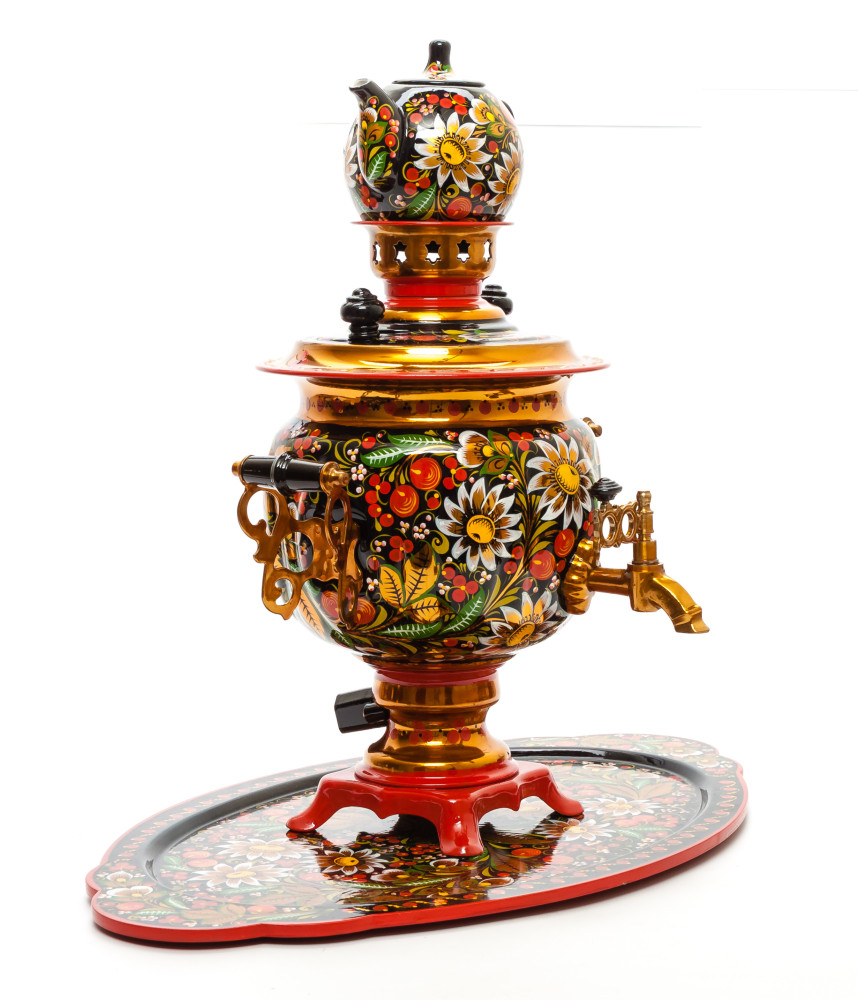 Daisies and Cranberries Hand Painted Electric Samovar Kettle with Teapot and Tray