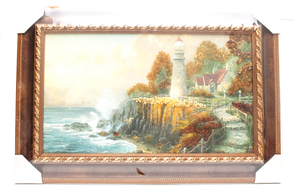 585x395 mm Lighthouse standing on a Rock hand made of natural Baltic Sea Amber stones (by Russian Amber)