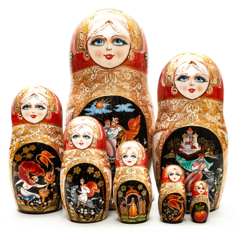 Shop Exclusive Nesting Dolls 240 mm Ivan Tsarevich and the Grey Wolf hand painted on wooden Matryoshka doll 7 pcs (by A Studio) online at Skazka.site | Eligible for fast shipping and free returns. 240 mm Ivan Tsarevich and the Grey Wolf hand painted on wooden Matryoshka doll 7 pcs (by A Studio)