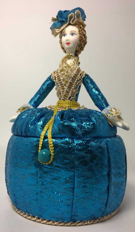 Girl in a Little Hat and Nice Dress Jewelry Box (brocade, hand-sewn Doll by Le Russe)