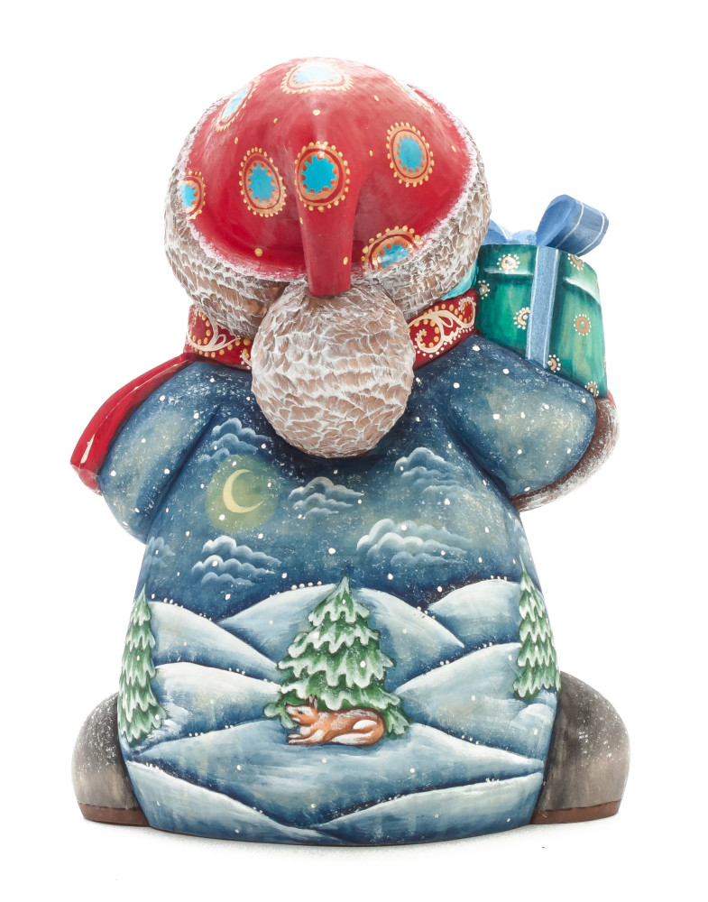 190 mm Snowman with hand painted Kids playing with a Toy Bear wooden figurine (by Sergey Christmas Workshop)