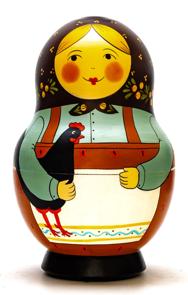 190 mm Mistress with Cockerel hand painted Traditional Russian Wooden Matryoshka round doll 10 pcs (by Igor Malyutin)
