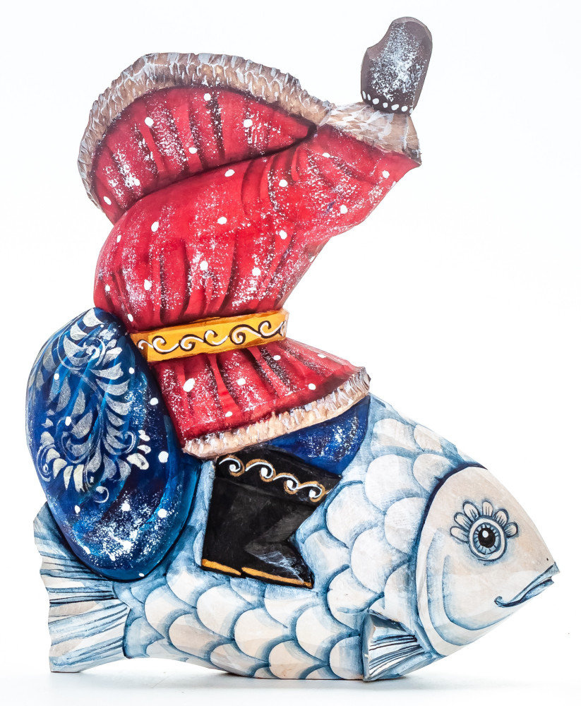 150 mm Santa with a Bag Riding the Fish Carved Wood Hand Painted Collectible Figurine (by Igor Carved Wooden Figures Studio)
