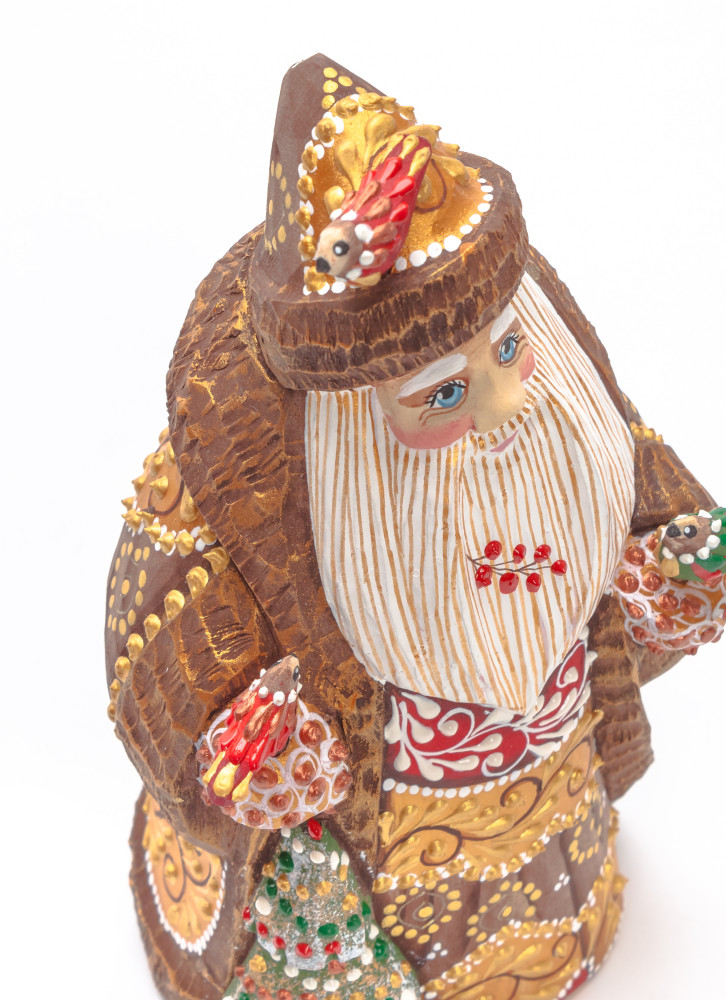 155 mm Santa with a Green Christmas Tree and Birds Carved Wood Hand Painted Collectible Figurine (by Natalia Nikitina Workshop)
