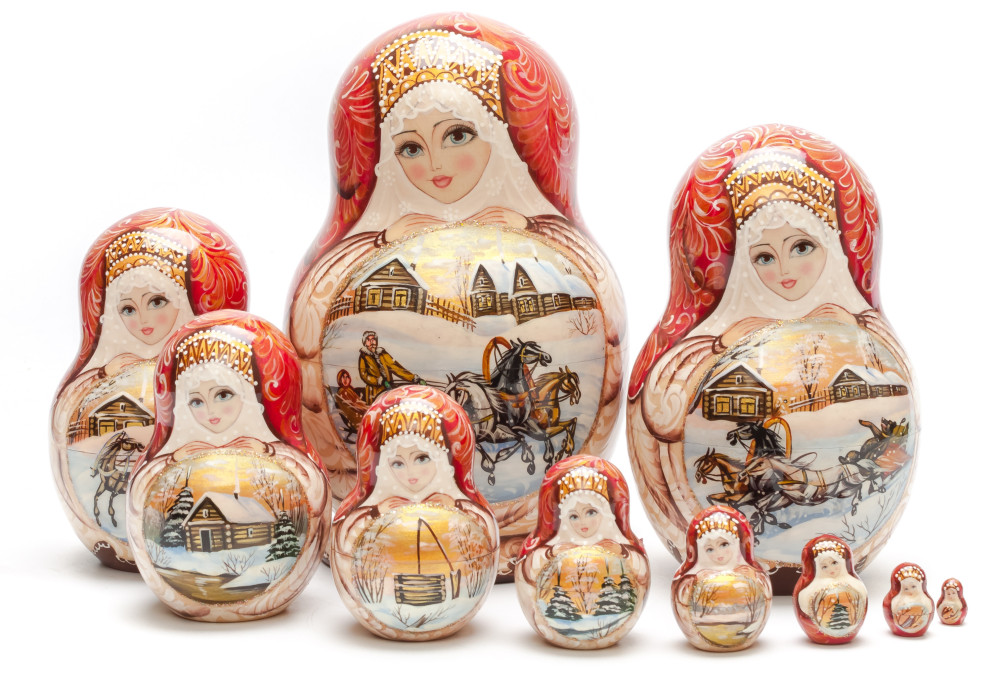 Shop Exclusive Nesting Dolls 180 mm Russian Troika handpainted Wooden Matryoshka round Doll 10 pcs (by Sheherazade) online at Skazka.site | Eligible for fast shipping and free returns. 180 mm Russian Troika handpainted Wooden Matryoshka round Doll 10 pcs (by Sheherazade)