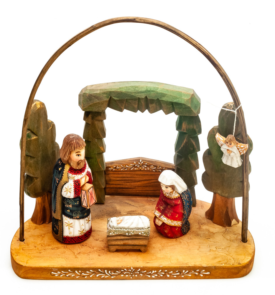 Nativity Set of 6 handpainted Carving Wooden Figures with Flying Angel