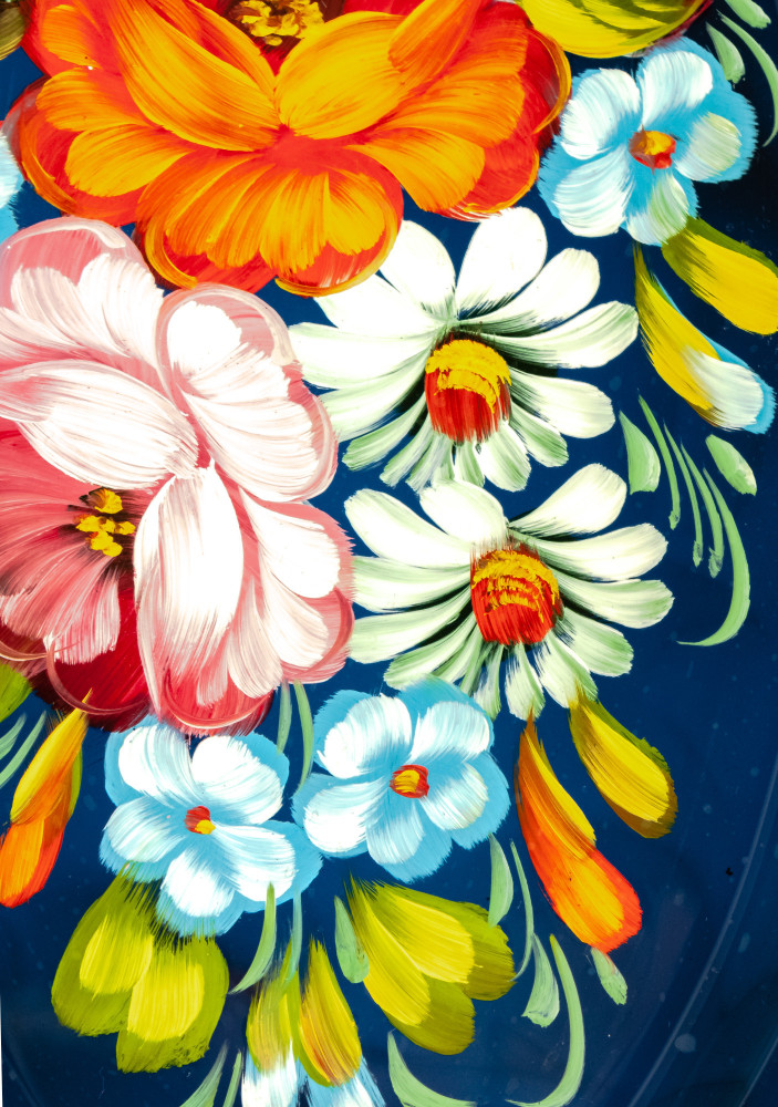 165x255 mm Zhostovo Patterns hand painted and lacquered Metal Forged Blue Tray (by Lada Crafts)