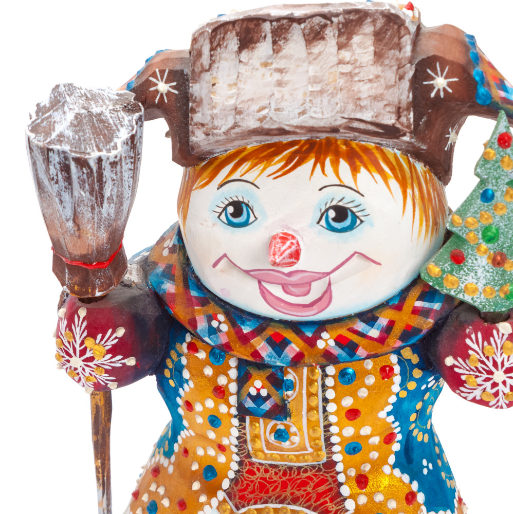 160 mm Snowman with a Broom and a Green Christmas Tree on wooden Figurine (by Natalia Nikitina Workshop)