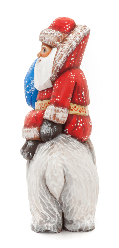 160 mm Santa with a Bag riding the Bear Carved Wood Hand Painted Collectible Figurine (by Sergey Christmas Workshop)