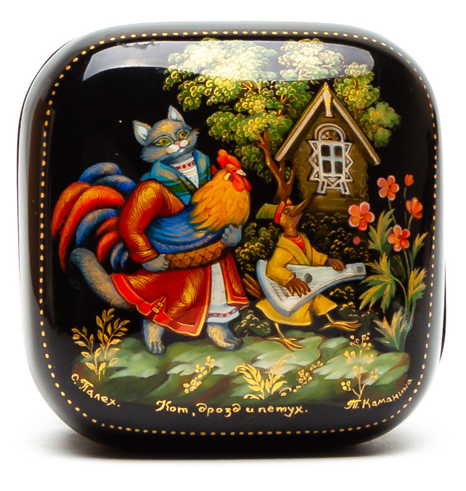 50x50mm The Cockerel - The Golden Scallop hand painted lacquered box from Palekh (by Pavel Studio)