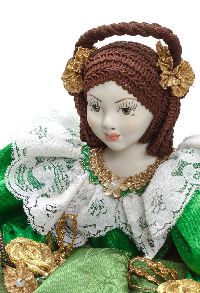 Young Lady in a Green Dress Kettle Porcelain Doll Warmer - 15 Inches