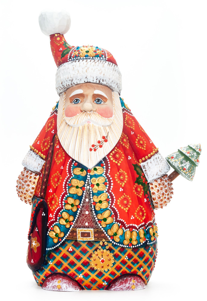 300 mm Santa Claus with a Green Christmas Tree Carved Wood Hand Painted Collectible Figurine  (by Natalia Nikitina Workshop)