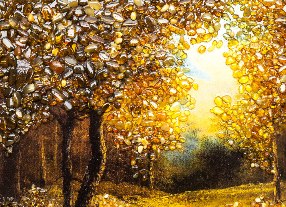 275x205 mm Autumn Landscape on red background hand made of natural Baltic Sea Amber stones (by Russian Amber)