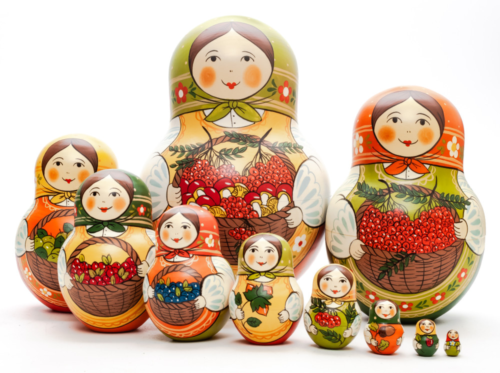 Shop Exclusive Nesting Dolls 190 mm Mistress with Backet of Berries and Mushrooms hand painted Traditional Russian Wooden Matryoshka round doll 10 pcs (by Igor Malyutin) online at Skazka.site | Eligible for fast shipping and free returns. 190 mm Mistress with Backet of Berries and Mushrooms hand painted Traditional Russian Wooden Matryoshka round doll 10 pcs (by Igor Malyutin)