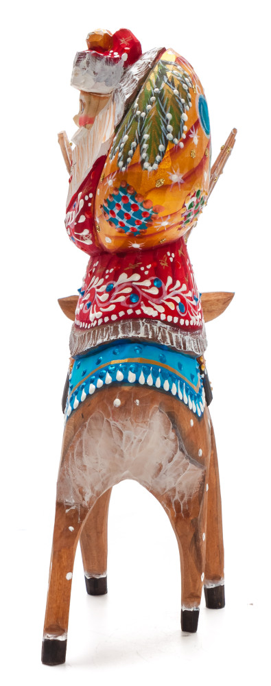 180 mm Santa with a Bag riding the Deer Carved Wood Hand Painted Collectible Figurine (by Natalia Nikitina Workshop)