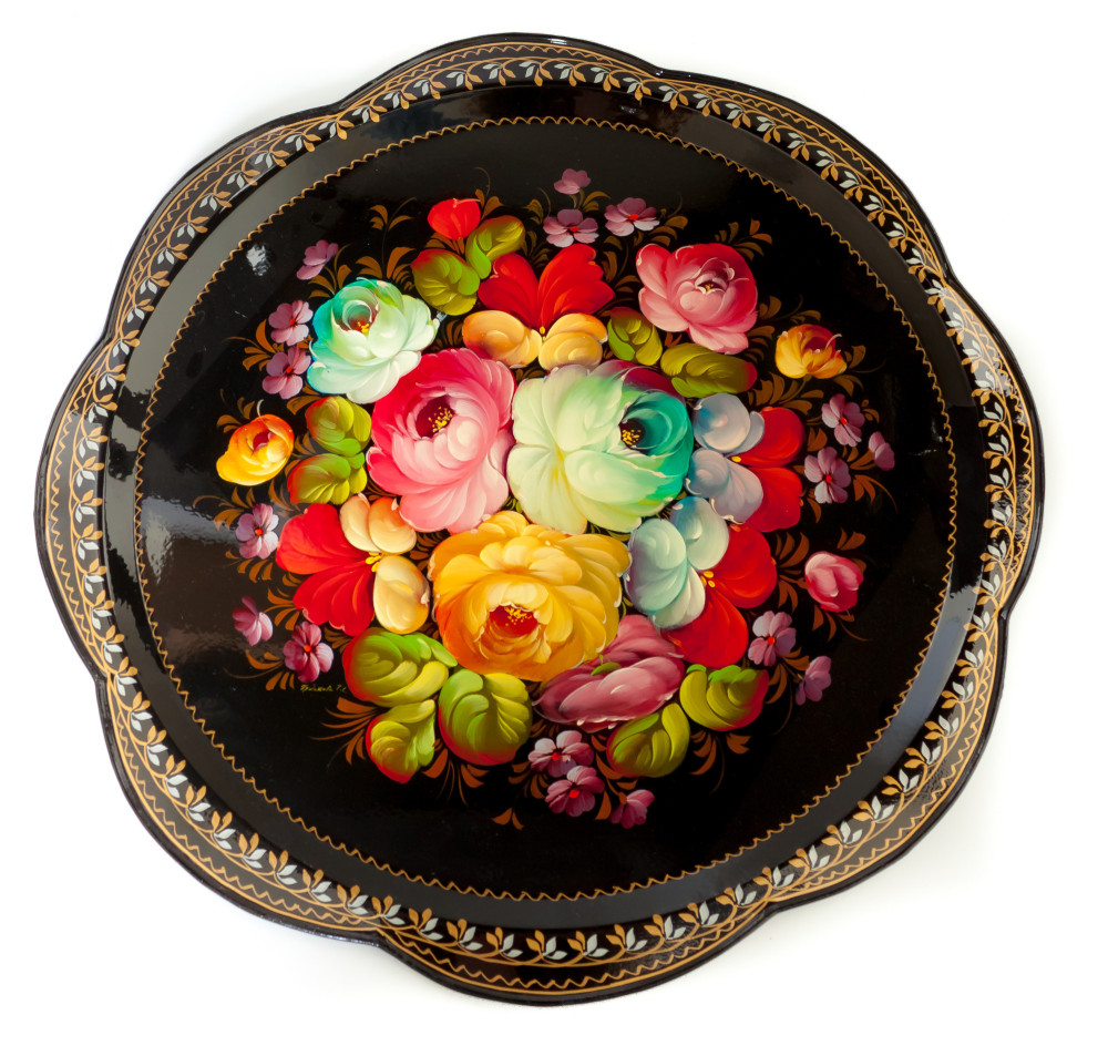 d 420 mm Zhostovo Patterns hand painted and lacquered by Chudakova Metal Forged Tray (by Lada Crafts)