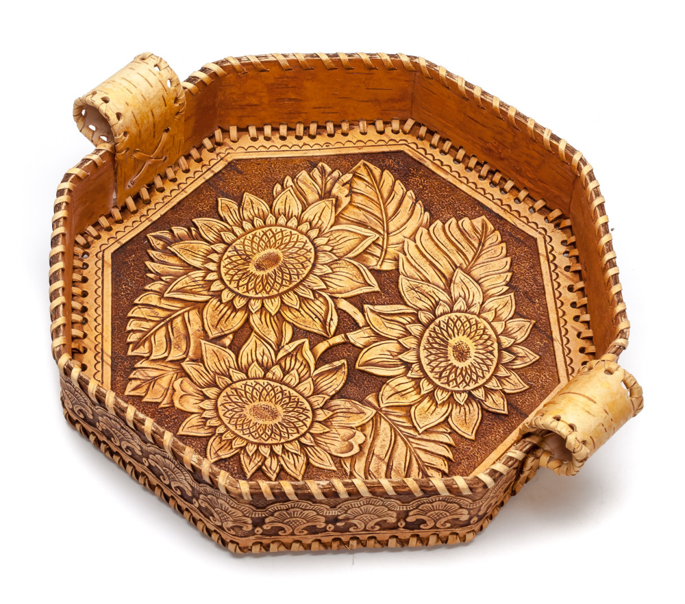225x40 mm Sunflowers hand made birchbark Plate (by Maxim Birch)