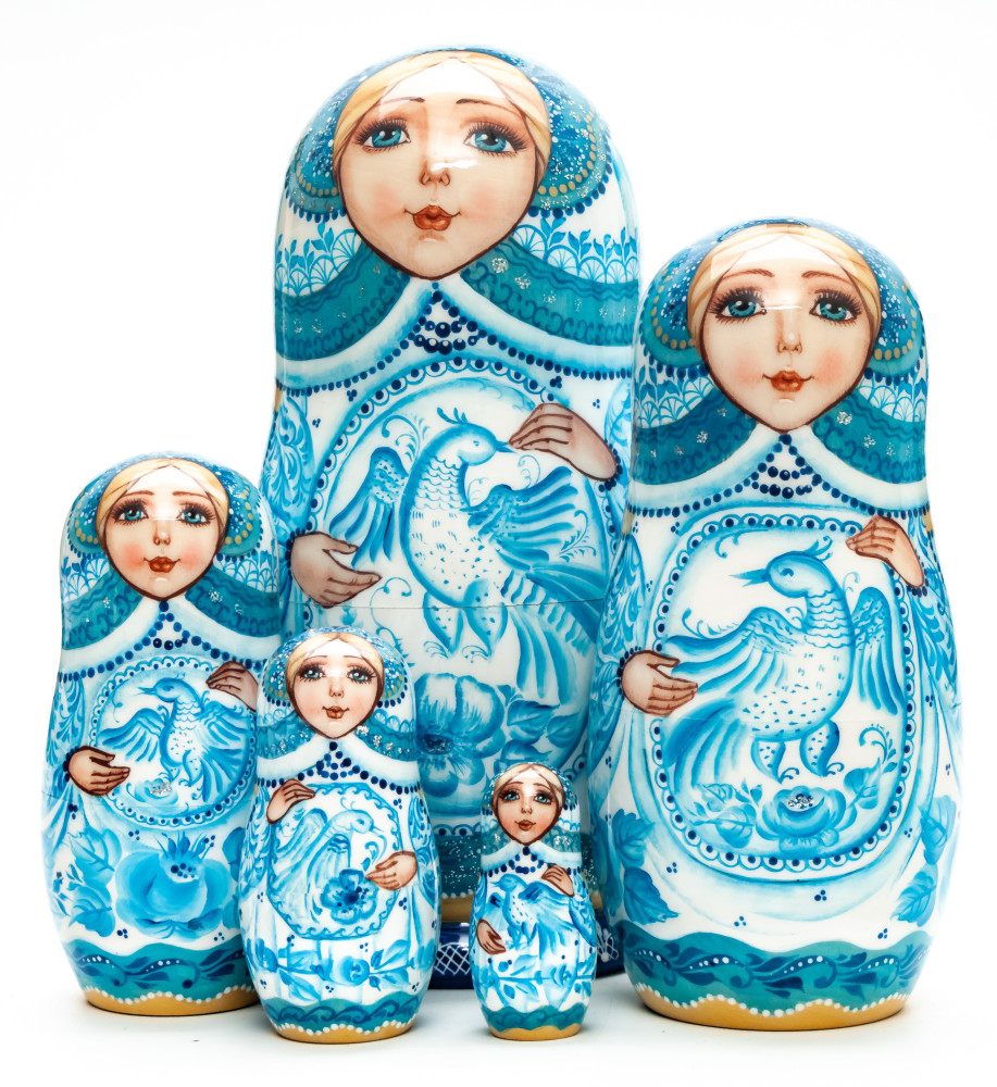 160mm Gzhel hand painted Matryoshka round Doll 5pcs (by Skazka)