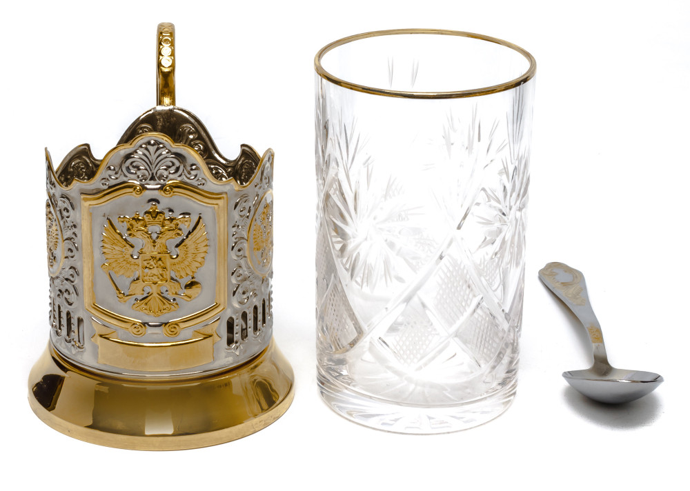 Coat of Arms Russia Gold Plated Brass Tea Glass Holder with Crystal Glass and Gold Plated Tea Spoon (by Kolchugino)