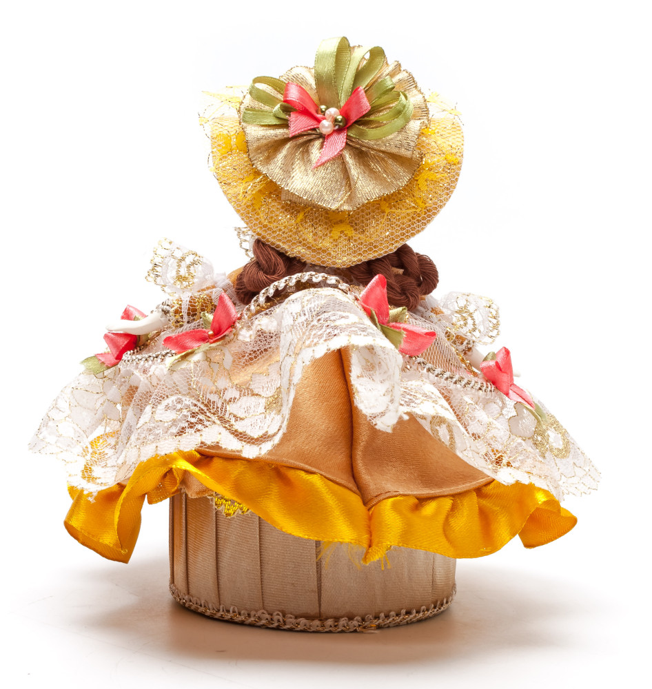 Girl in a nice Summer Hat and Dress sitting on Jewelry Box (hand-sewn Doll by Le Russe)