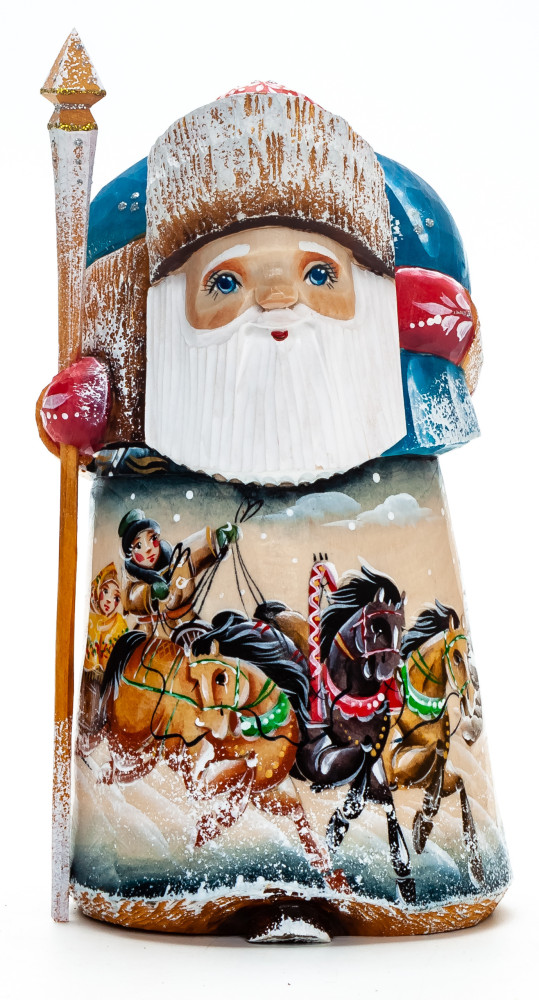 150 mm Santa with a Magic Staff and a Bag with handpainted Troika Wooden Carved Statue (by Igor Carved Wooden Figures Studio)
