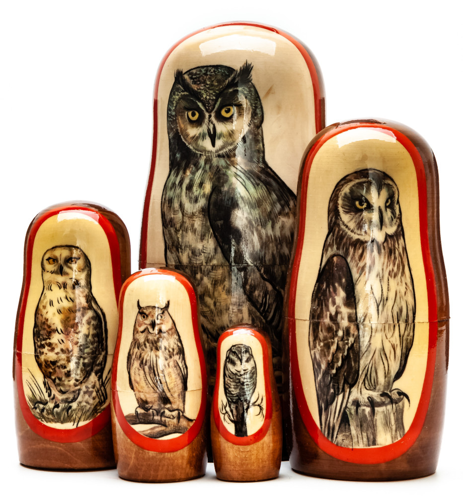 180mm Owl hand painted on wooden Matryoshka doll 5 pcs (by Alexander Famous Paintings Studio)