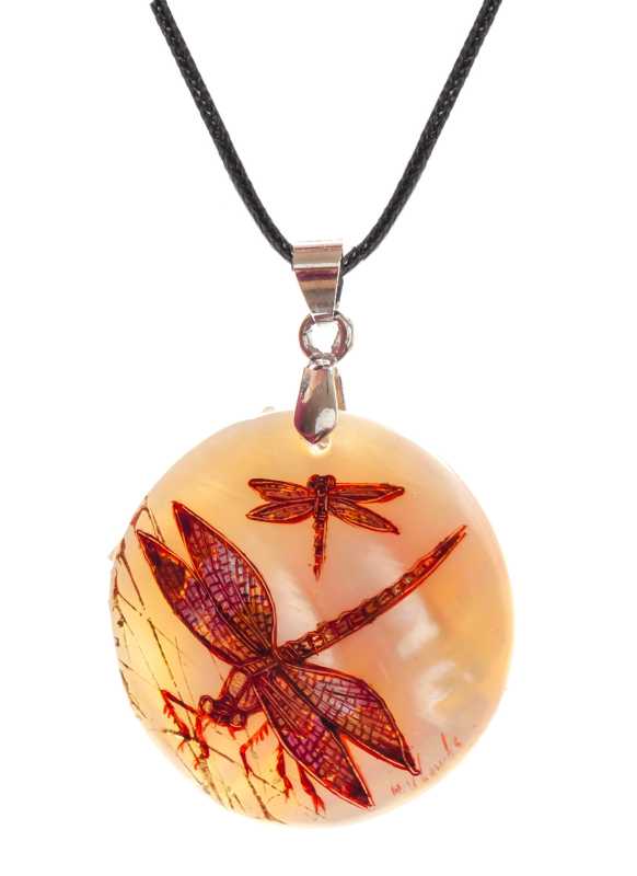d40 mm Dragonflies hand painted Nacre Pendant (by Tatiana Shkatulka Crafts)