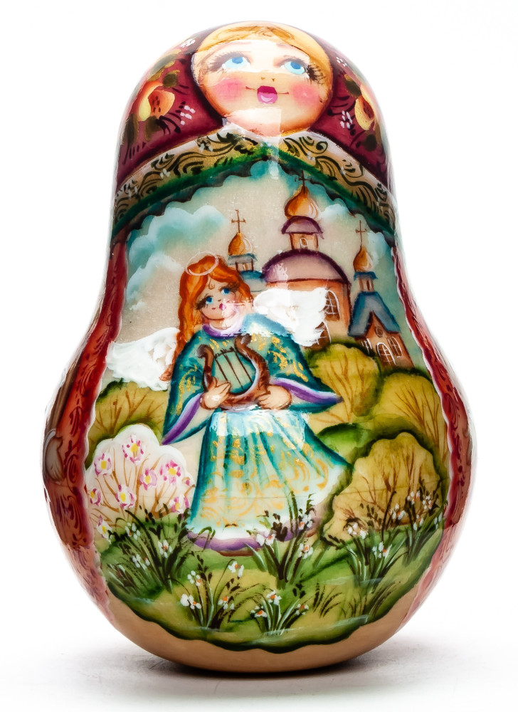 100mm Russian Doll with handpainted Girl with a Harp Roly-poly Toy