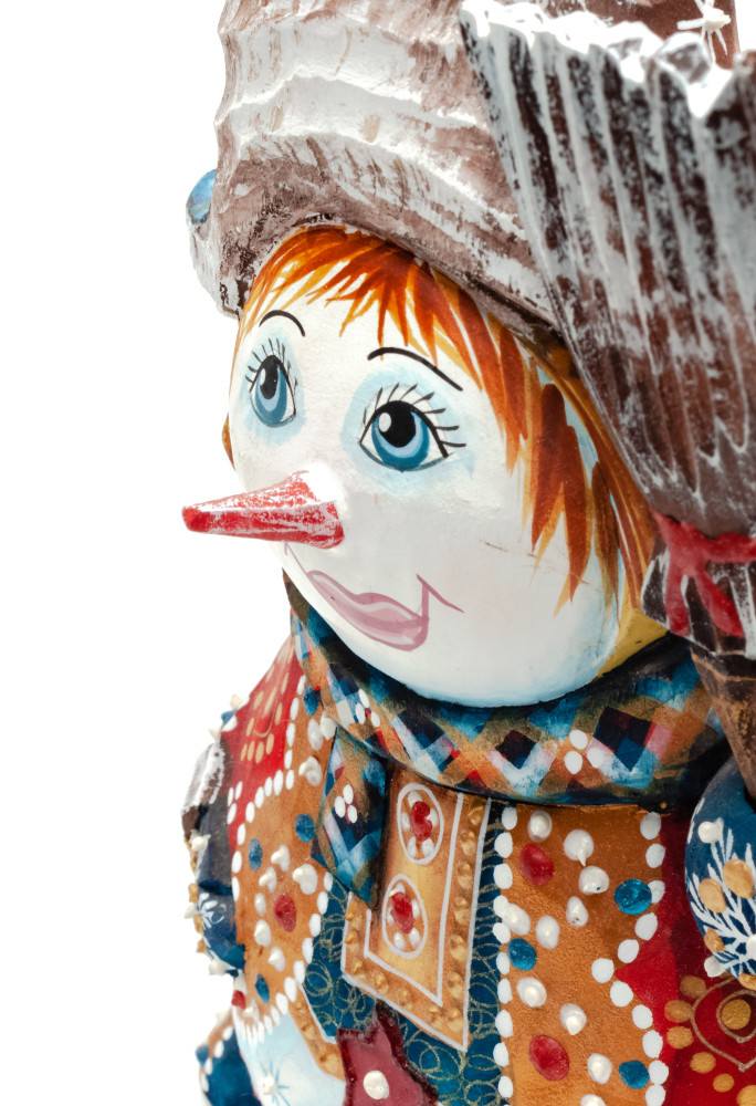 140 mm Snowman with a Broom on wooden Figurine (by Natalia Nikitina Workshop)