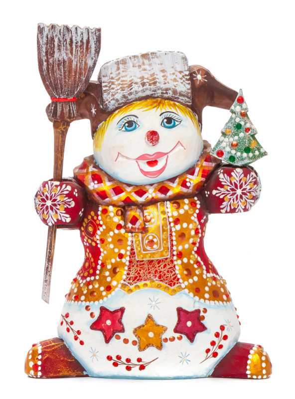 160 mm Snowman with a Broom and a Green Christmas Tree on wooden Figurine (by Natalia Nikitina Workshop)