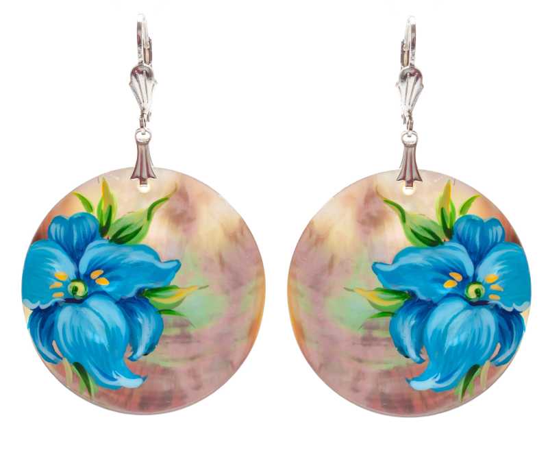 d40 mm Flower hand painted on Nacre Earrings (by Tatiana Shkatulka Crafts)