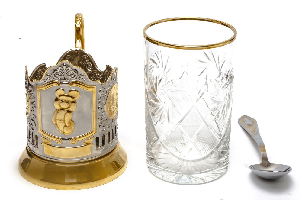 The Moscow Olympic 1980 Bear Gold Plated Brass Tea Glass Holder with Crystal Glass and Gold Plated Tea Spoon (by Kolchugino)