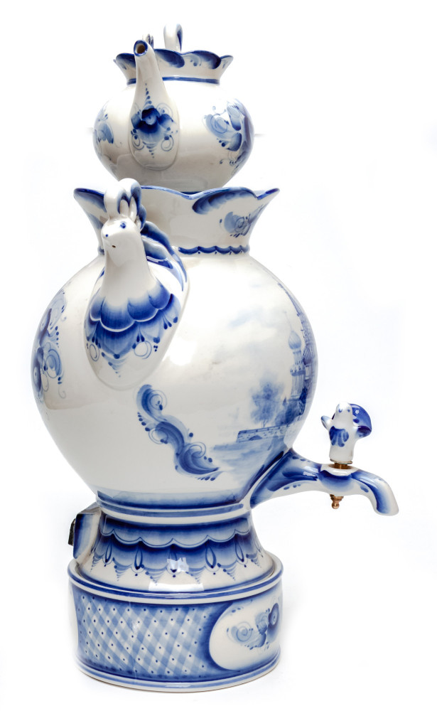 Saint Basil Cathedral Gzhel Ceramic Electric Kettle with Teapot and Tray