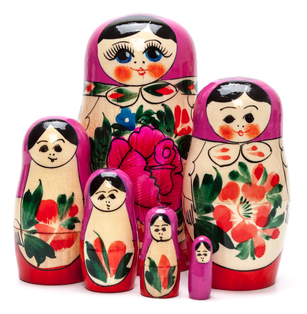 130 mm Pink Head Semenovskaya Hand Painted wooden Russian Matryoshka Nesting Doll 6 pcs inside (by Ivan Studio)